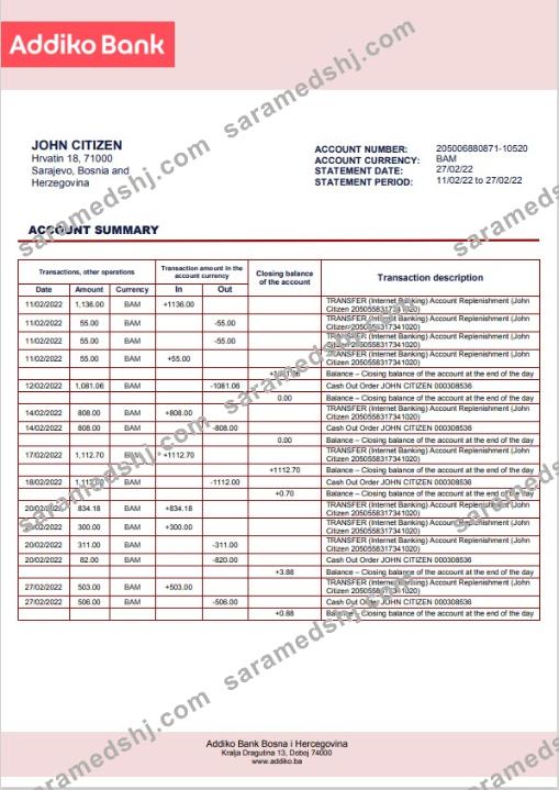 Bosnia and Herzegovina Addiko bank statement template in Word and PDF format